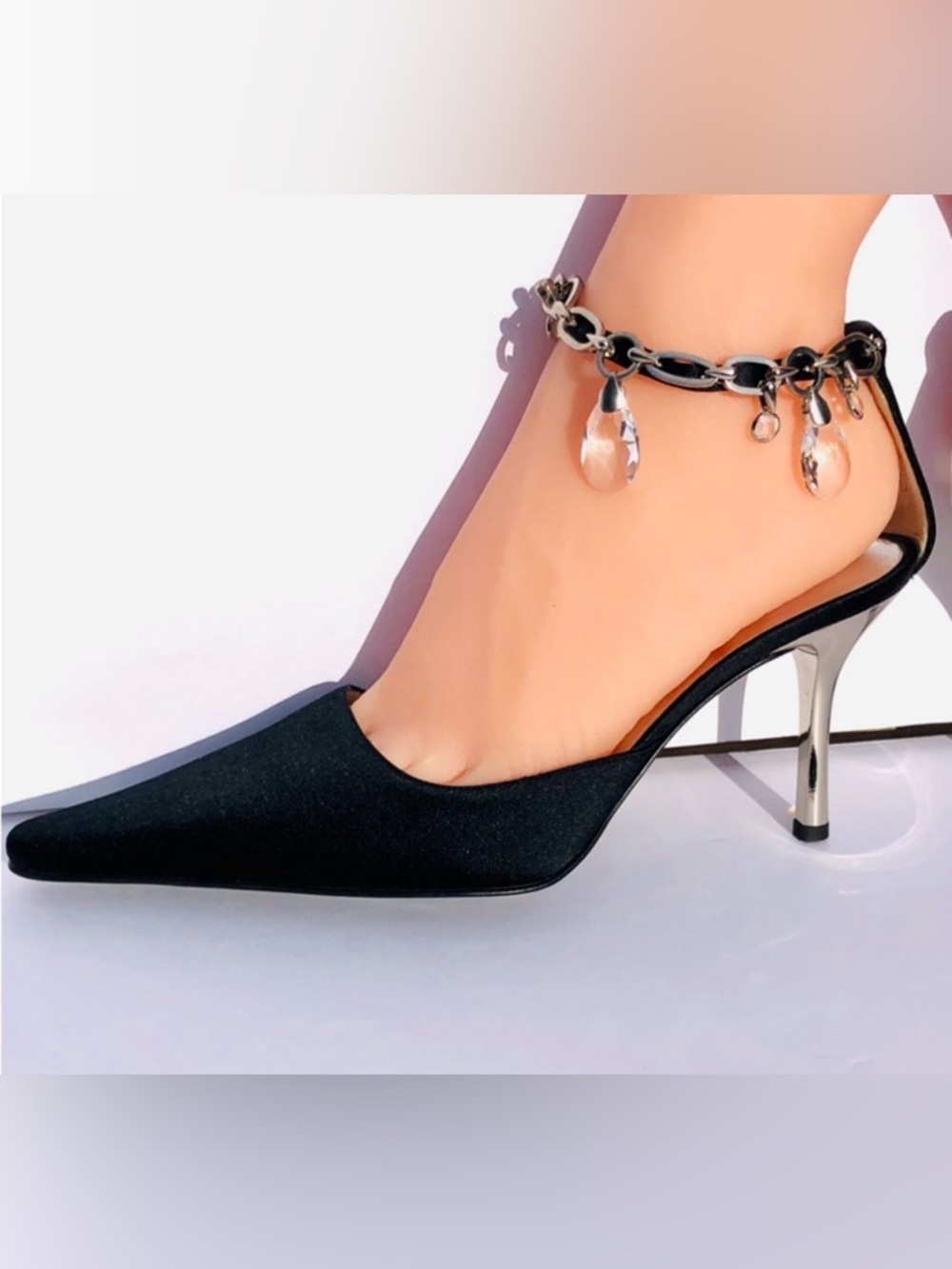 St. John Collection black satin high heels with embellished ankle wrap